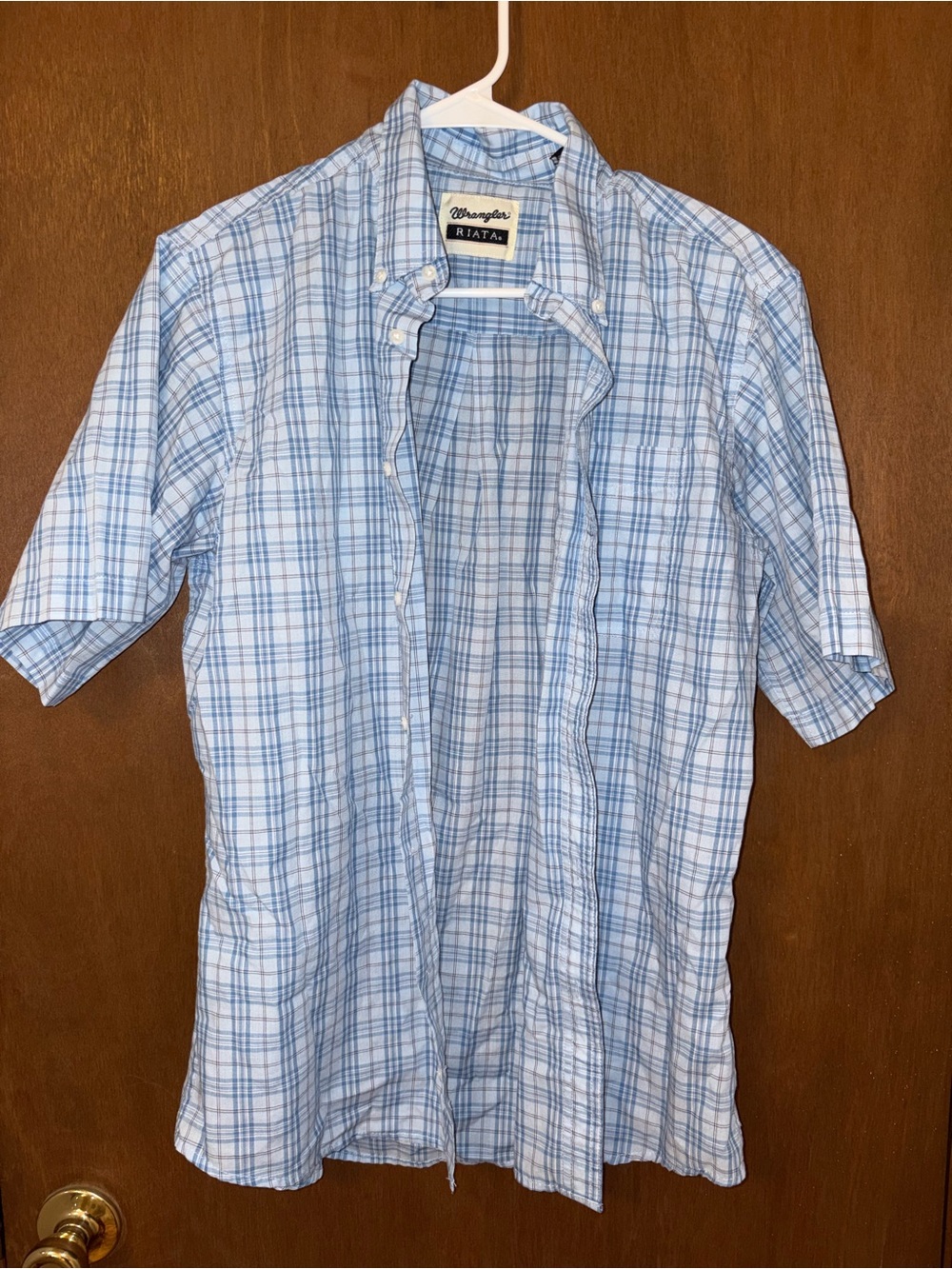 Wrangler Light Blue Plaid Short Sleeve Button-Down Shirt